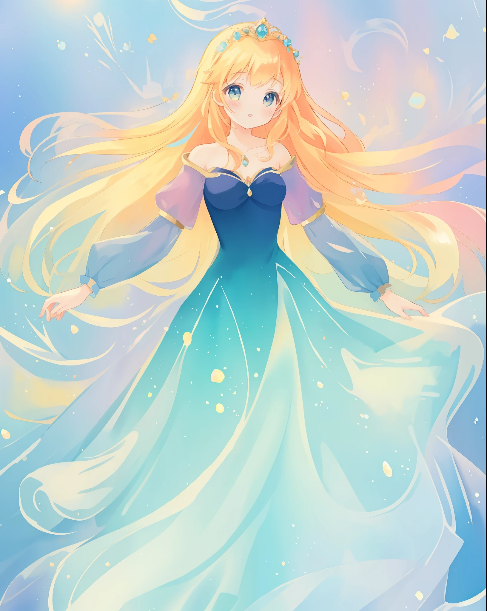 beautiful girl in a gradient blue princess ballgown with puffy long sleeves, long flowing gold peach hair, liquid theme, colorful fantasia background, watercolor illustration, disney art style, beautiful digital illustration, beautiful, masterpiece, best quality, anime disney style, beautiful face