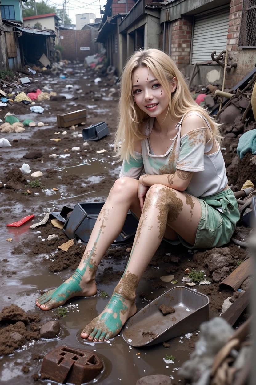 Hyperrealistic style，close up，woman，Long hair，Exquisite facial features，full，一个woman穿着洗的有些发白的连衣裙，wrapped in a coat，Next to it is a dilapidated shop，Dim lighting。A corner of a city in ruins，The street on the left is more dilapidated，It is lined with abandoned shops and graffiti-covered walls.，There is a huge pothole in the street，Next to it is a collapsed street lamp with dry dead grass and rotten wood in the background、Cracked ground、scattered rubbish，The ground is dusty，The light of dusk shines through the broken high-rise buildings。Octane Rendering，Super Detail，Spectacular views，Japanese movies，particle，Rich in details，masterpiece，best quality，Ultra Detailed，OC Rendering，16k quality