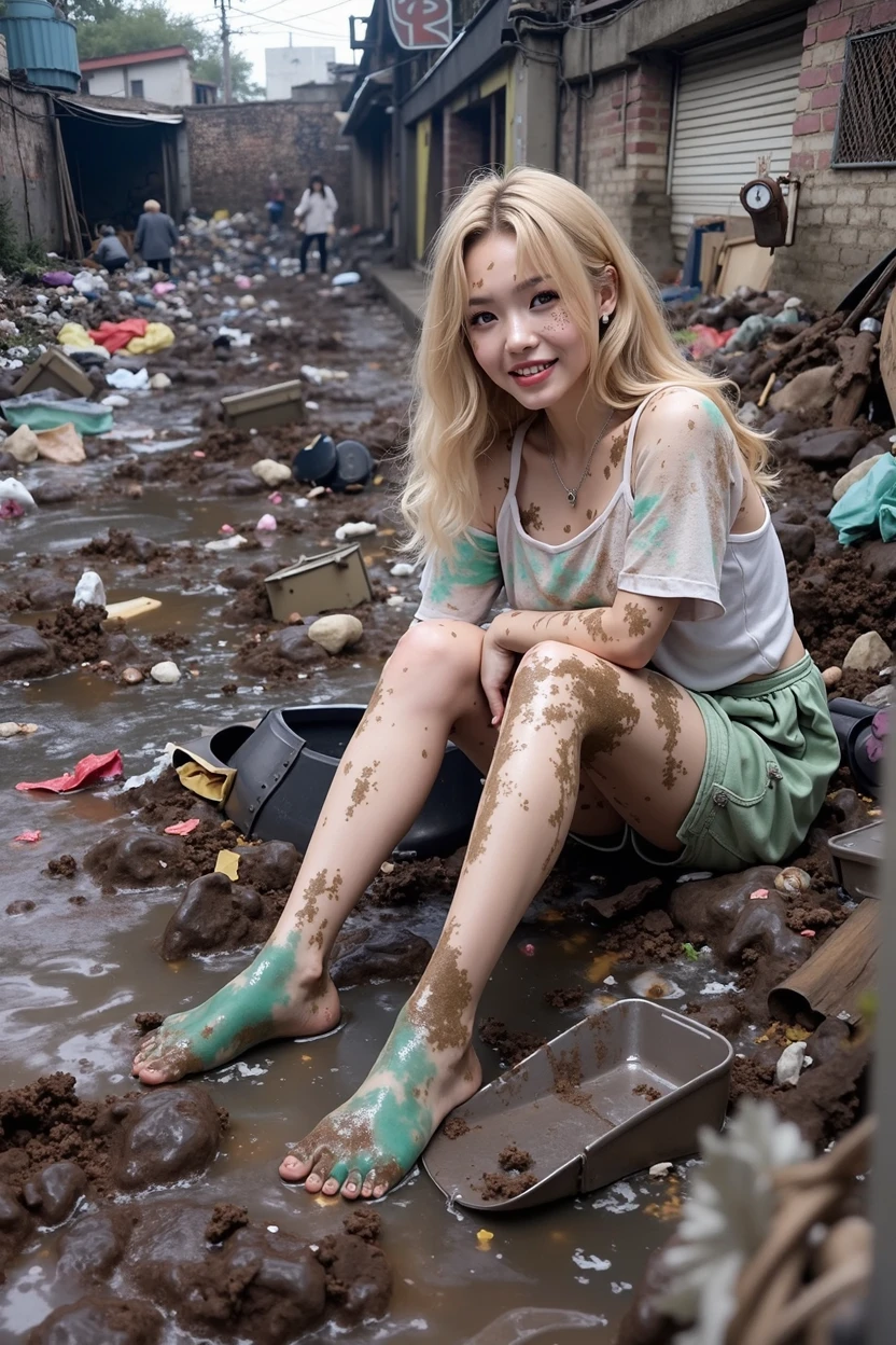 Hyperrealistic style,close up,woman,Long hair,Exquisite facial features,full,一个woman穿着洗的有些发白的连衣裙,wrapped in a coat,Standing next to the dilapidated shop,Dim lighting。The background is a corner of a city in ruins,The street on the left is more dilapidated,It is lined with abandoned shops and graffiti-covered walls.,There is a huge pothole in the street,Next to it is a collapsed street lamp,Dry dead grass and rotten wood、Cracked ground、scattered rubbish,The ground is dusty,The light of dusk shines through the broken high-rise buildings。Octane Rendering,Super Detail,Spectacular views,Japanese movies,particle,Rich in details,masterpiece,best quality,Ultra Detailed,OC Rendering,16k quality