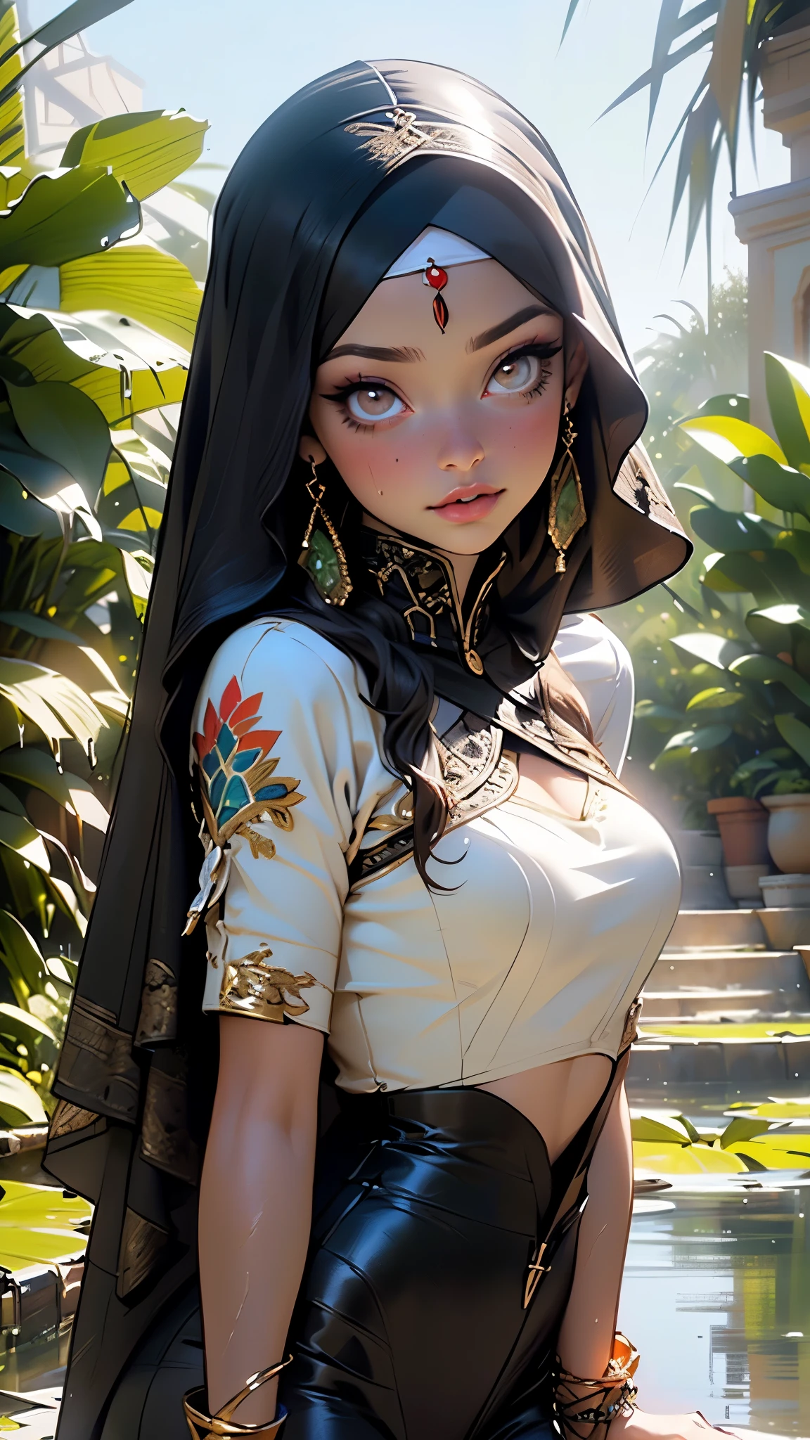arabian girl,1girl,((((black race)))),
(large breasts:1.4),((((black hair,colored inner hair)))),(((brown_eyes:1.3))),intricate eyes,beautiful detailed eyes,symmetrical eyes,((((tan,dark skin,black skin:1.35,dark-skinned_female,dark skin:1.3,ebony skin,lustrous skin:1.5,bright skin: 1.5,shiny skin,very shiny skin,shiny body)))),,(spider lower abdomen,narrow waist,wide hip,athletic body,inflated legs,thick thighs,(detailed face)),beautiful detailed lips,
cute,slutty,sensual,seductive look,seductive,((erotic)),opulent,sumptuous,((nsfw)),
(hijab:1.5),arabic style headdress, egyptian light clothes,((arabian warrior:1.5),Gold embroidery and jewelry),arabian accessories,(arabian jewelry in her arms),earrings,(((eyeshadow,arabian makeup,eyelid makeup))),(((blue clothes,blue outfit,wet clothes,intricate outfit,embroidered outfit,ornate outfit,intricate cloth,embroidered cloth,ornate cloth))),
(dynamic pose:1.3), looking at viewer,embarrassed,centered,scale to fit dimensions,Rule of thirds,
outdoors,(Arab palace,Arab palace background,pyramids in the background),scenery,(oasis,oasis background),extremely scenery,(puddles everywhere,moss,moss on the background),clouds,Arab style,Arab castle,lily pads,palms,reeds,(sunset, golden hour),
(Glossy Arab ornaments),highres,sharp focus,(ultra detailed,extremely detailed),(photorealistic artwork:1.37),(extremely detailed CG unity 8k wallpaper),(((vibrant colors,vibrant theme))),(intricate),(masterpiece),(best quality),artistic photography,(photography taken by sldr),(intricate background),perfect rendered face,perfect face details,realistic face,photo realistic,((intricate detail)),(((realism))),