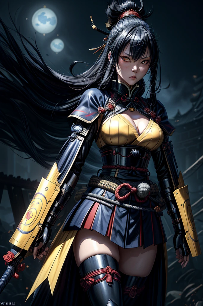 Samurai woman inspired on blockchain technology and videogames with a very big sword bigger than her like on Bleach movie and gueisha costumes, hollow enemies surrounding her, high tech futuristic mysterious atmosphere, deep dark blue and golden yellow, 4D, 8K, surrealism photorealistic, dreamlike, big and complex composition storytelling, masterpiece, artwork by Bernie Wrightson, artwork by Jeremy Mann, Impressionism
