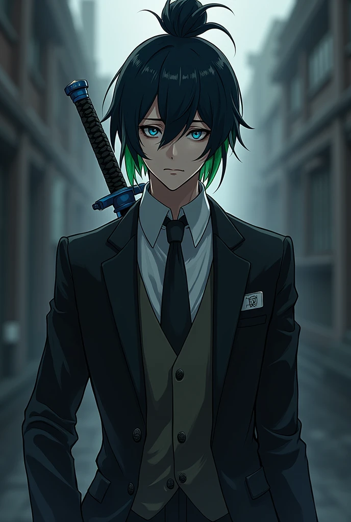 Kenja Ashura a handsome elegant samurai with a short black and green hair bun in a black and white suit, Dazai from Bungou Stray Dogs, with blue eyes and black shoes, a sad and greasy personality with a blue katana, the bad version of Kenja Ashura.