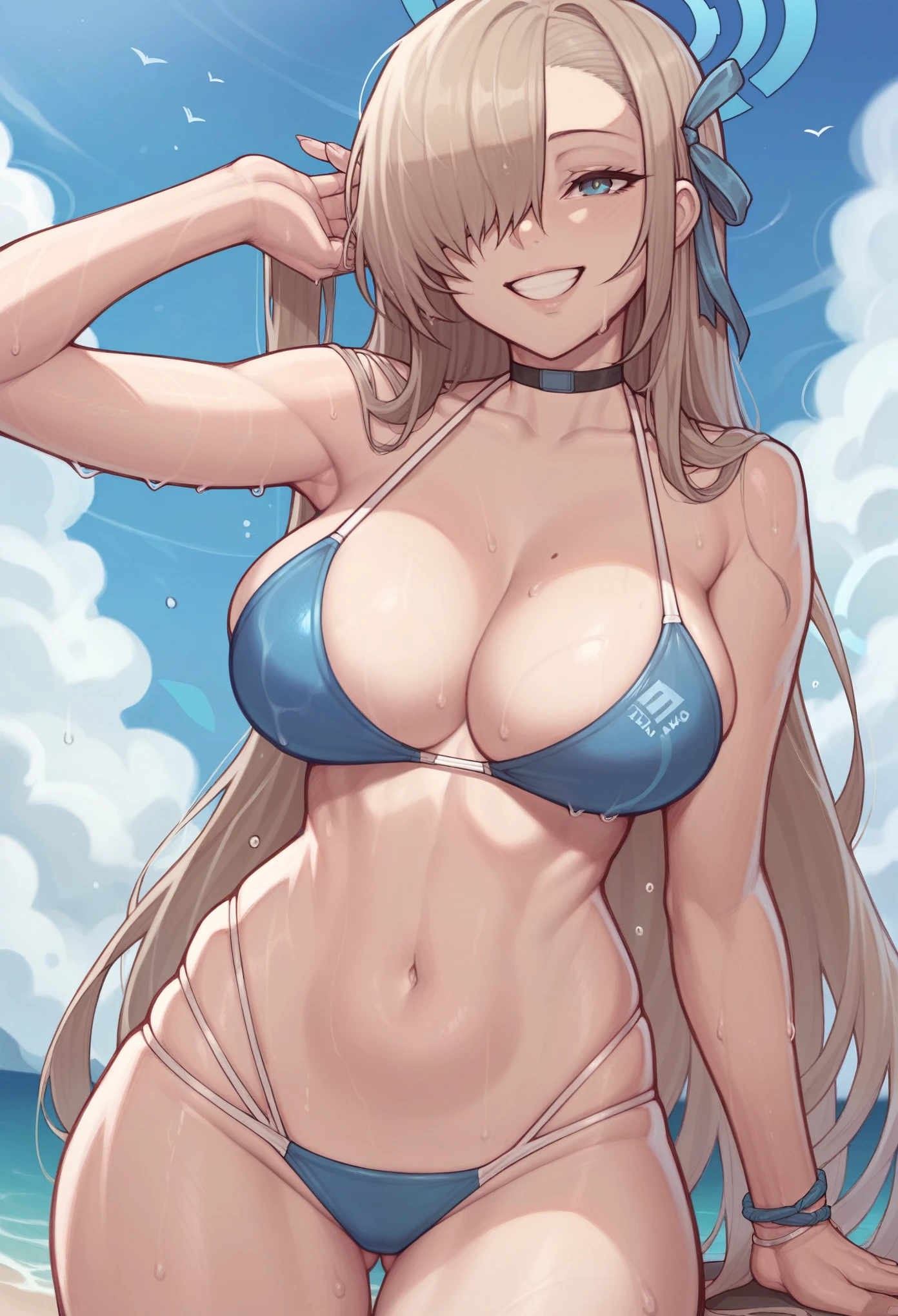 _asura style, asuna (blue archive), swimsuit, bikini, wet , large , smile