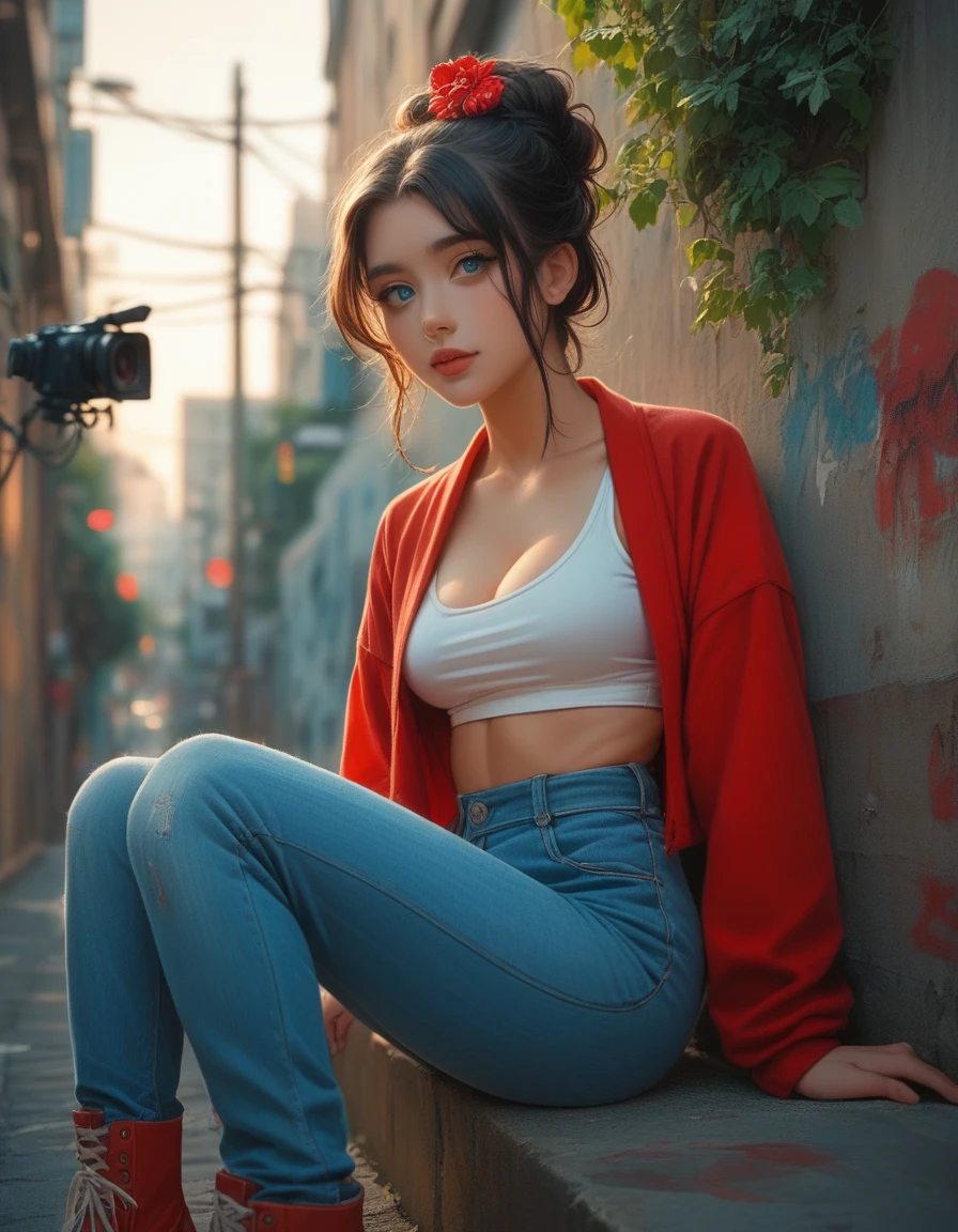 Image is a high-resolution photograph featuring a woman sitting on concrete steps in an urban setting. She has a light to medium skin tone, long dark hair styled in an elaborate updo with a red hair accessory, and striking blue eyes. She is wearing a red jacket over a sheer white top that reveals a significant amount of cleavage, and distressed blue jeans. The background includes a mix of modern and older buildings, with some greenery visible. The lighting suggests it is late afternoon or early evening, casting warm tones and shadows. The overall composition is balanced, with the subject centered and the steps leading the viewer's eye into the background.