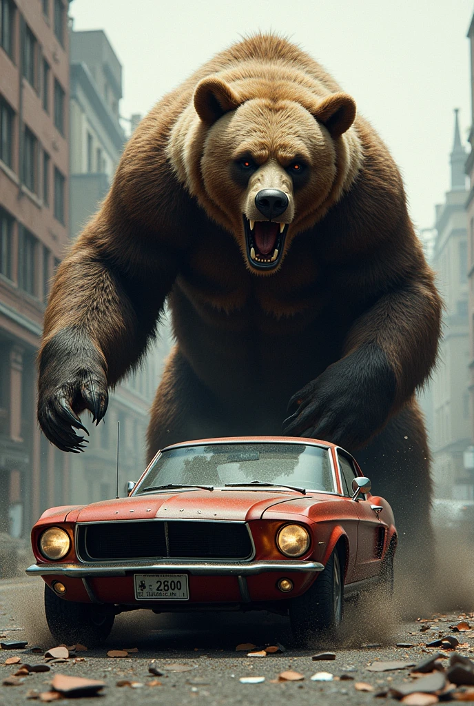 Create an image of a bear jumping on top of a car and crushing it.