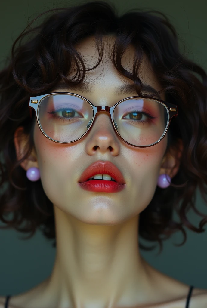 Slightly curly hair, rimless glasses, small spots under the corners of the mouth, / note lilac earrings, slightly closed mouth, red lips, surrealism, high detail, strong chiaroscuro, film graininess, panorama, ultra high-definition, precise, textured skin.