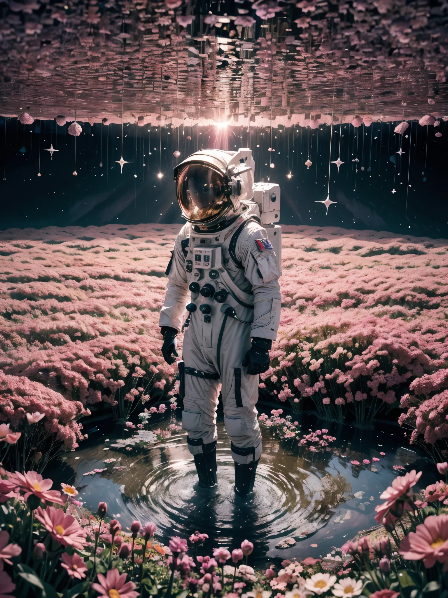 the astronaut walks in the sea of flowers dotted with pink clouds，The astronaut who is alone，The astronaut cannot leave this planet，The astronaut is lost in space without limits.