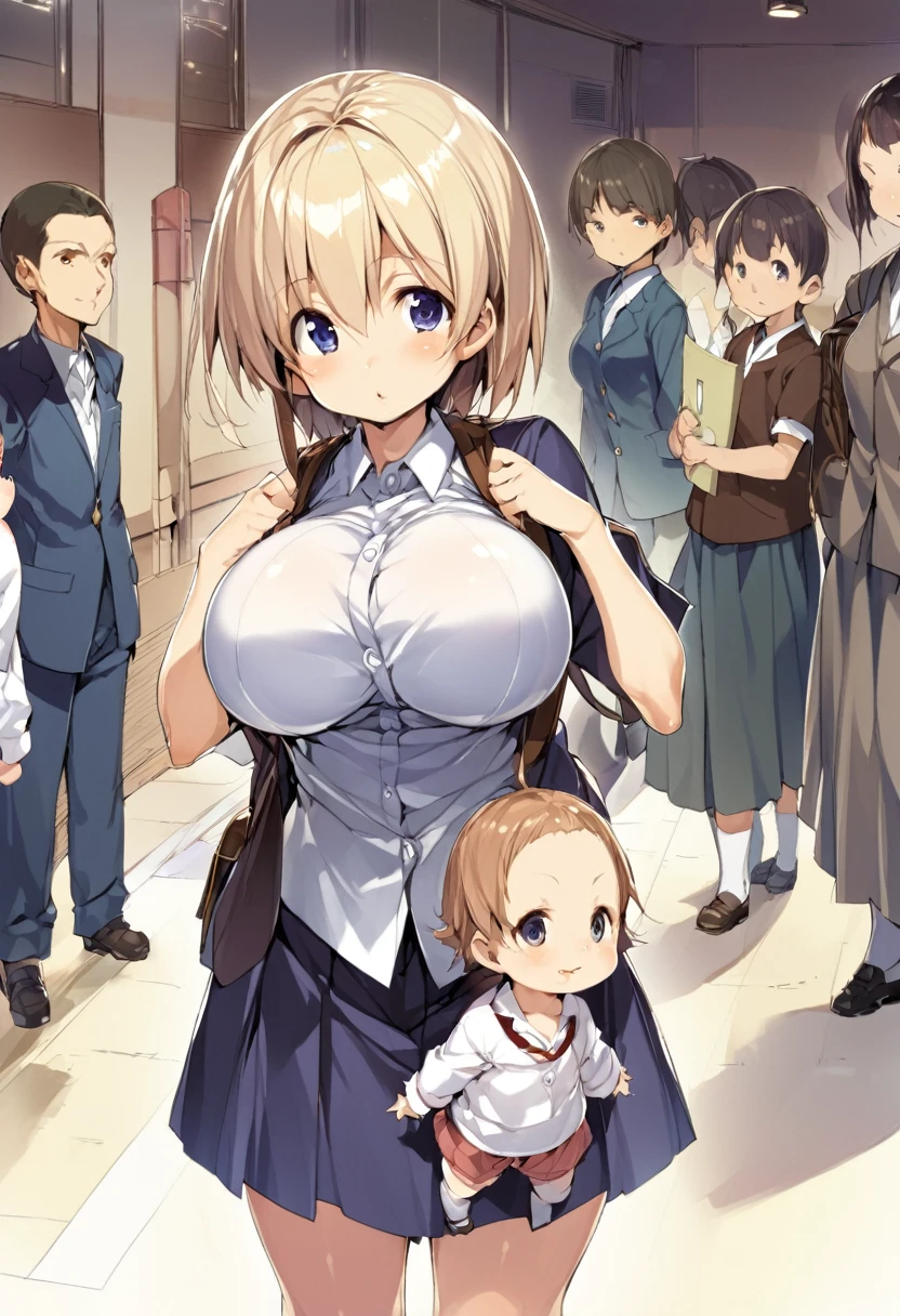 One girl, young child, young girl, baby face, young appearance, ((short stature)), ((height: 120cm)), early elementary school student, large breasts, ((large breasts: 1.8))