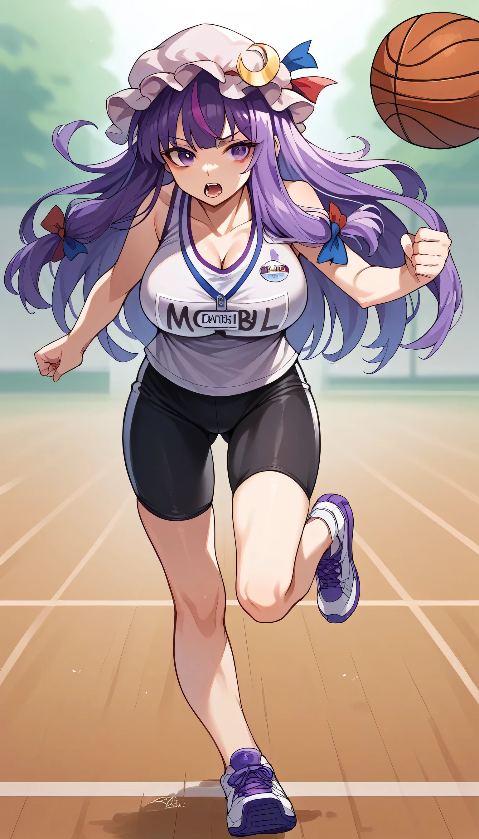 patchouli knowledge, 1girl, solo, purple hair, purple eyes, long hair, mob cap, crescent hat ornament, mob cap,1girls, running, name tag,  streaked hair, basketball, sneakers, clothes writing, sportswear, breasts, open mouth, shoes, bike shorts,large breast, 