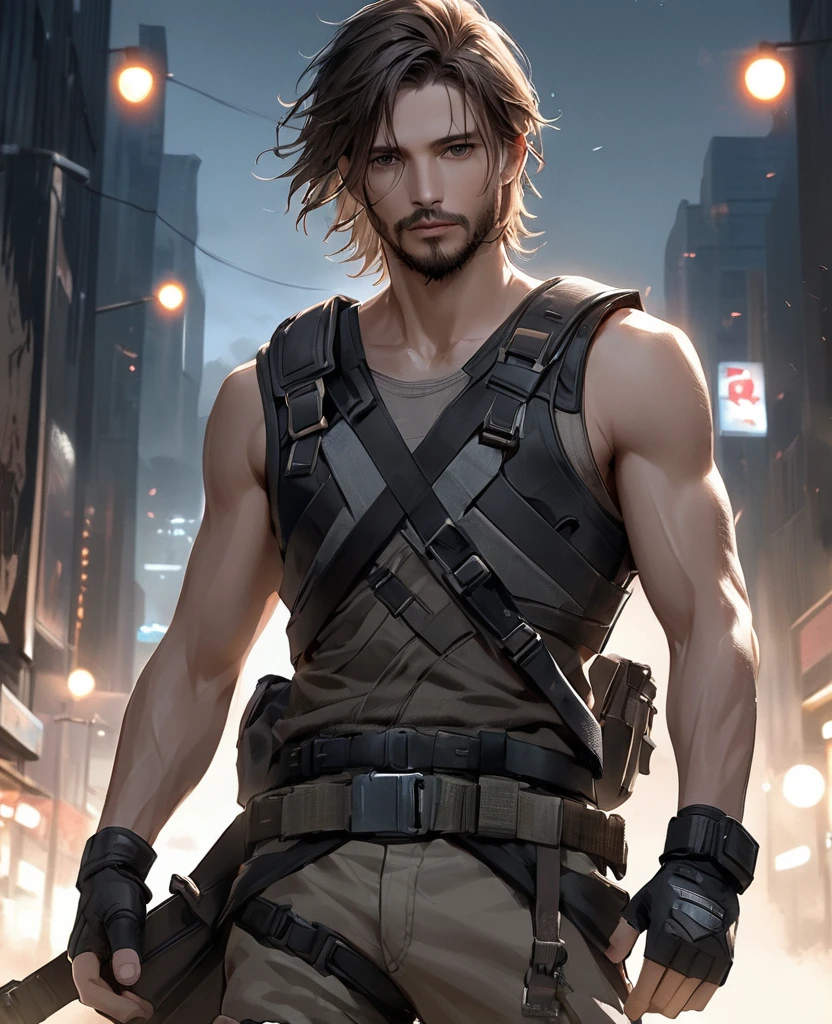 masterpiece, best quality, realistic, 1man, quiet young man, 21 years old, background: city at night, shoulder length hair, dark brown hair, skinny, full stubble facial hair, medium hair, unkempt appearence, messy hair, masculine features, toned but thin, stubble facial hair, looking worn down, caucasion, white boy, facial hair, stubble, beard stubble, not muscular, kevlar armor, Post-apocalypse, doomsday wasteland style, fingerless gloves, gloves, belt, full body, armor, standing, simple background, clean, rebellion clothes, civilian, military kit