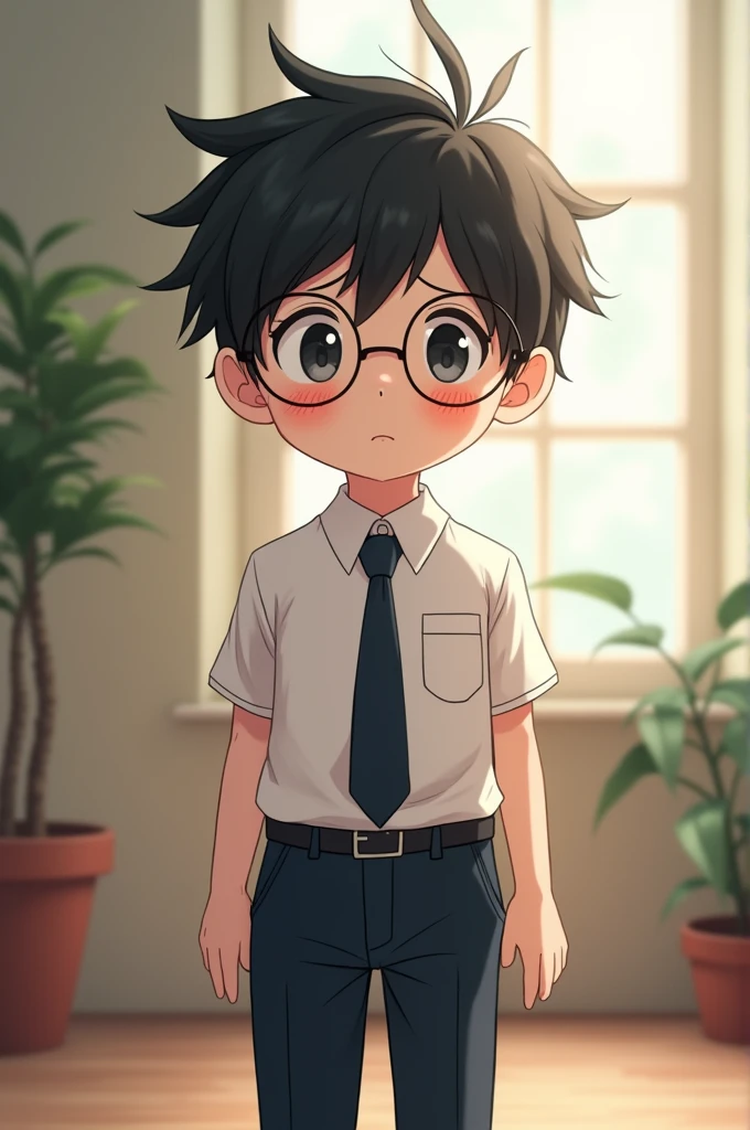 Anime boy, black hair, clumsy, cute, wearing glasses, school Uniform