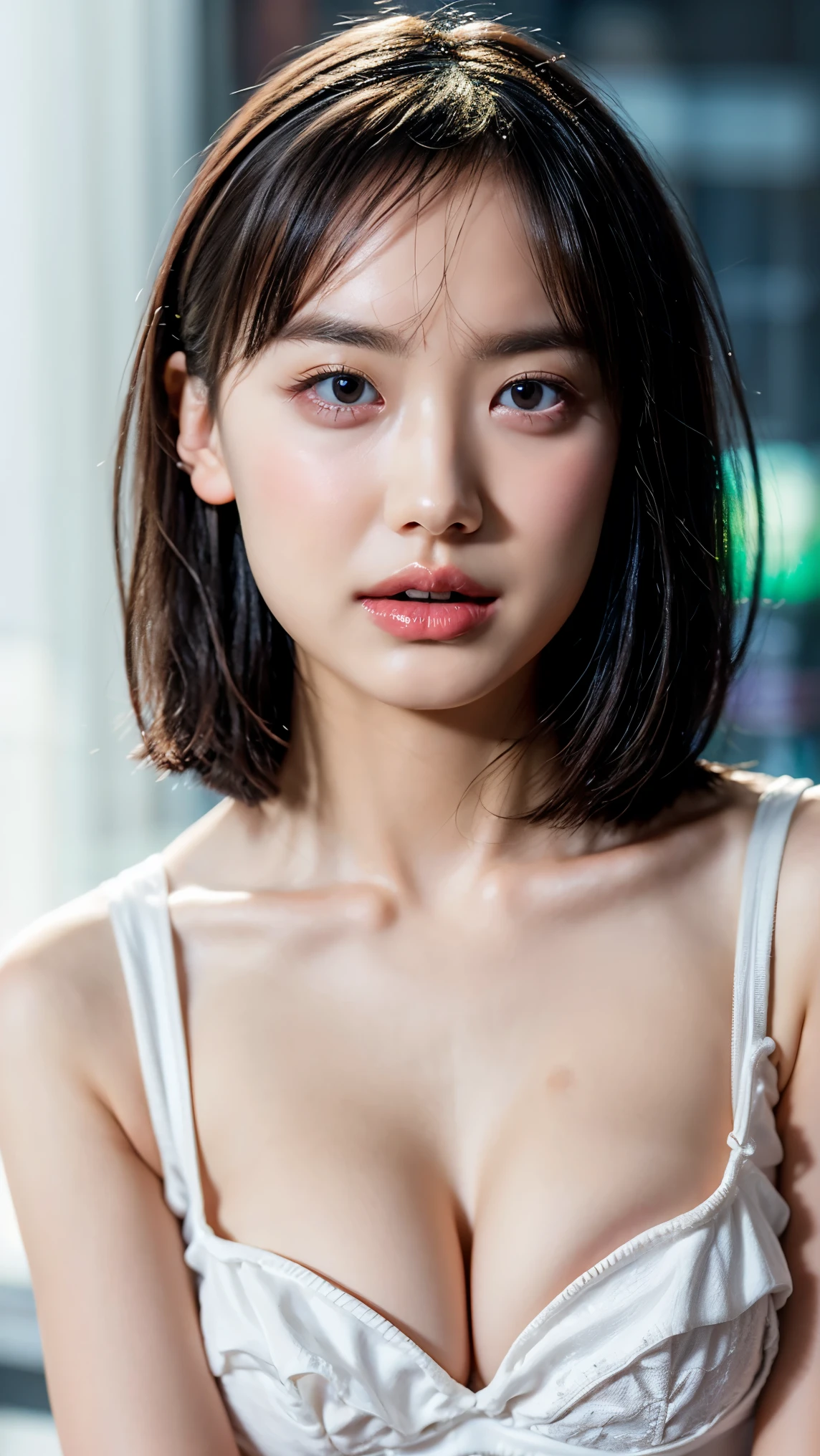 (1 girl,  Girls,Large Breasts, Well-fleshed, Short Bob Hair, White bra, panties), Fair-skinned, Glossy Lips, skinny, Body Type, Delicate and sexy collarbone, Highest quality, RAW Photos, Realistic, face, Incredibly ridiculously beautiful girl, cute, Depth of written border, High resolution, 超detailed, detailed, Very detailed, extremely detailed eye and face, Sharp pupils, Sharp focus, Cinema Lighting