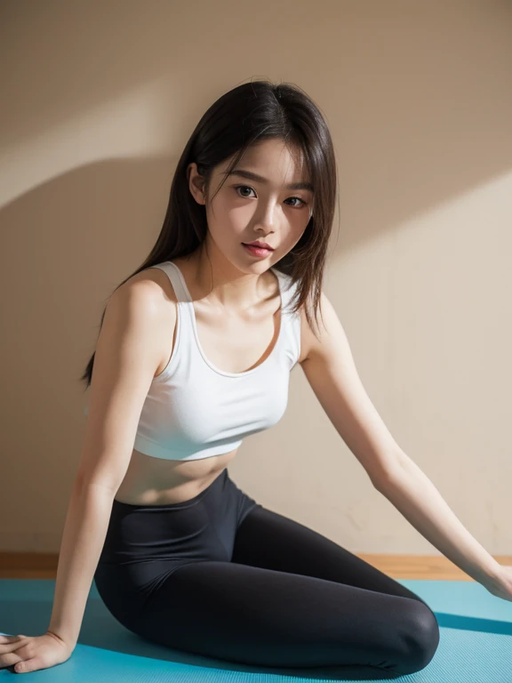 (8K, Top quality, masterpiece:1.2), (Practical, Photo-real:1.37), Very detailed, Perfect anatomical structure, Lovely, Small Eyes, 18 years old, A Japanese, girl, leggings, Yoga practice,