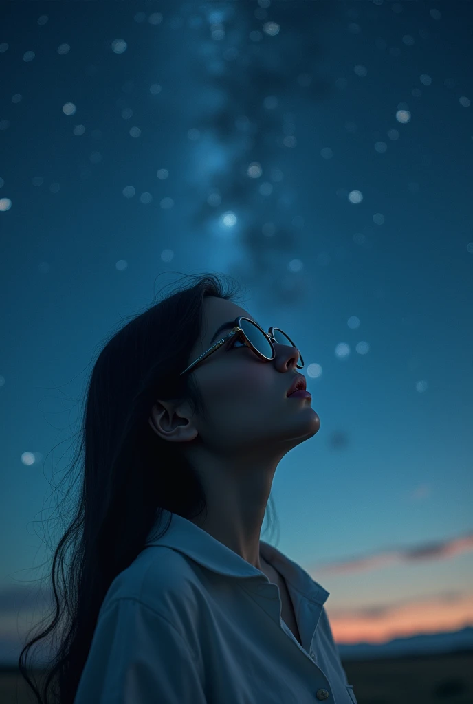 [Core philosophy]
A young woman looks up at the vast, Starry night sky, Her eyes are hidden behind a pair of stylish sunglasses.

[Role description]
The girl is depicted as a young, The graceful figure, Her face softened by the darkness, Night lights. As she admired the magnificence of the universe above her head，Her expression was full of surprise and contemplation..

[environment/background]
The scene is peaceful, Night view, Girl sitting in an open place, 宁静的户外environment, Maybe a meadow.，Maybe a secluded mountaintop, Enjoy an unobstructed view of the vast sky.

[Style and atmosphere]
The overall atmosphere is tranquil and introspective, Dreamy, The almost surreal quality of the scene, By using silence enhancement, Melancholic tones and a timeless feel.

[work]
The composition places the girl at the center of the picture, Her upward gaze draws the viewer&#39;s attention to the enchanting night sky., Create a sense of scale and wonder.

[Details and decoration]
Subtle details, Like the breeze blowing a girl&#39;s hair，Or the glimmer of distant stars, Add depth and realism to scenes, Let the audience further immerse in tranquility, A moment of contemplation.

[Technical specifications]
Image presentation is rich in details、High precision, Utilize a combination of photorealistic and stylized elements，Create visually appealing、Emotionally evocative scene performance.