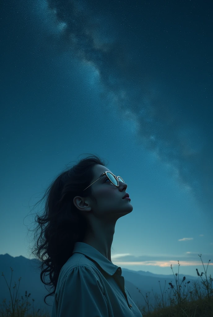 [Core philosophy]
A young woman looks up at the vast, Starry night sky, Her eyes are hidden behind a pair of stylish sunglasses.

[Role description]
The girl is depicted as a young, The graceful figure, Her face softened by the darkness, Night lights. As she admired the magnificence of the universe above her head，Her expression was full of surprise and contemplation..

[environment/background]
The scene is peaceful, Night view, Girl sitting in an open place, 宁静的户外environment, Maybe a meadow.，Maybe a secluded mountaintop, Enjoy an unobstructed view of the vast sky.

[Style and atmosphere]
The overall atmosphere is tranquil and introspective, Dreamy, The almost surreal quality of the scene, By using silence enhancement, Melancholic tones and a timeless feel.

[work]
The composition places the girl at the center of the picture, Her upward gaze draws the viewer&#39;s attention to the enchanting night sky., Create a sense of scale and wonder.

[Details and decoration]
Subtle details, Like the breeze blowing a girl&#39;s hair，Or the glimmer of distant stars, Add depth and realism to scenes, Let the audience further immerse in tranquility, A moment of contemplation.

[Technical specifications]
Image presentation is rich in details、High precision, Utilize a combination of photorealistic and stylized elements，Create visually appealing、Emotionally evocative scene performance.