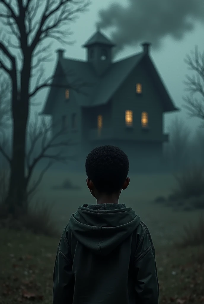 A black boy looking at a dark shadowed house with dark scenery and dark smoke