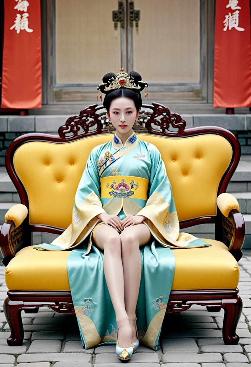 A gorgeous empress from the Chinese imperial court during the Qing Dynasty. A large yellow sofa with the empress naked and with her legs spread. A gorgeous empress from the Chinese imperial court with her hair tied on both sides. She is wearing a crown.、The background where she is tying her hair is、Cobblestones outside the Qing Dynasty Palace