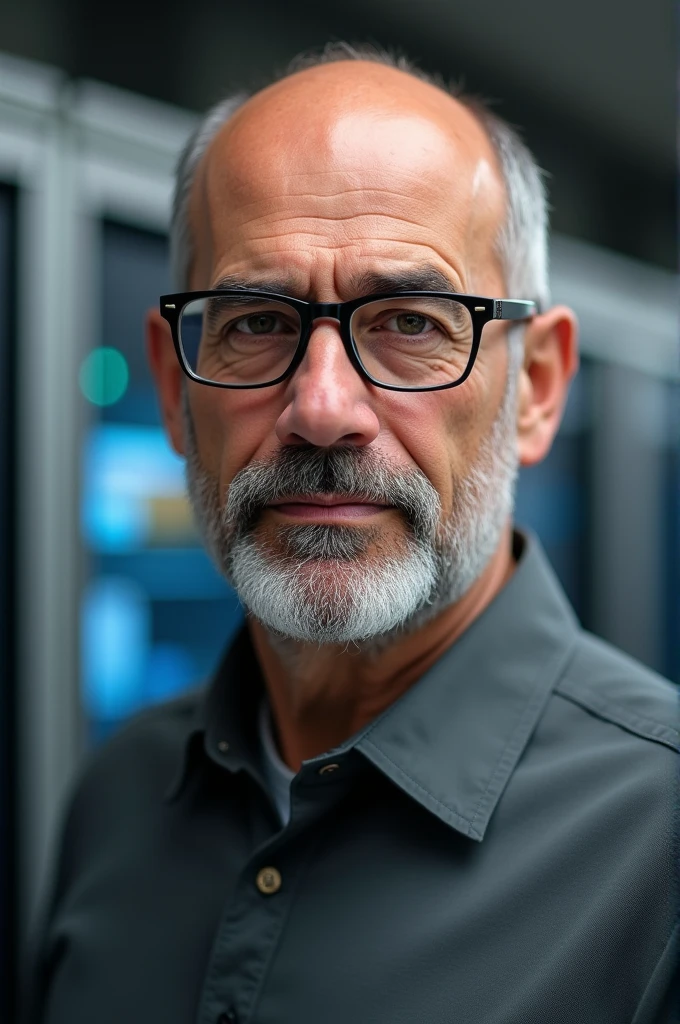 realistic image of an IT technician, baldie, square glasses, greybeard
