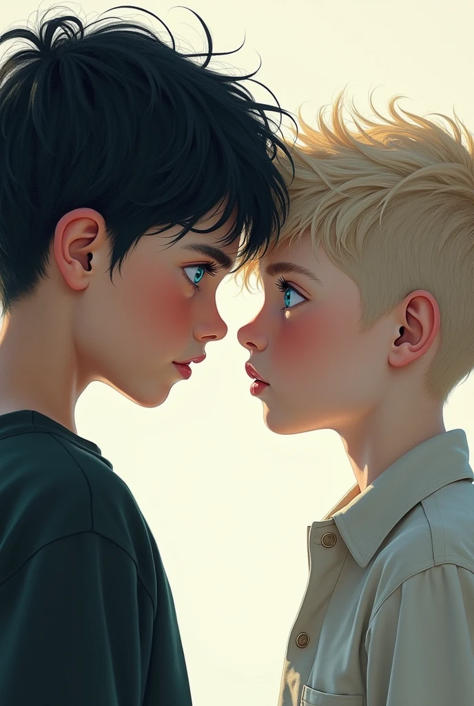 
Imagine a book cover with two boys staring straight ahead. The boy on the left has black hair and extremely bright blue eyes., that stand out in contrast with her dark hair. The boy on the right has blond hair, slightly messy, that reflect light softly, their skin is extremely white. The background is simple and neutral, maybe with a smooth gradient, to ensure the focus is entirely on the two boys and the moment of connection they share.