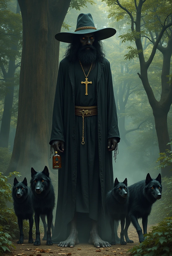 exu bat, Tall man,slanted eyes,Longhaire ,unshaven beard,shiny black skin,shabby black clothes, black wide brim hat,wearing a gold chain with a gold crucifix with a black stone in the center,bare feet,in a dense forest with a fig tree,smoking a pipe, and holding a bottle of drink, accompanied by a pack of black dogs