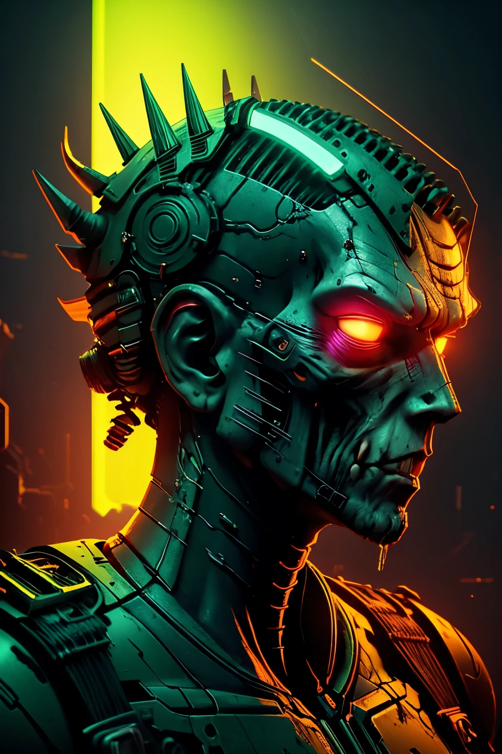 A PROFILE OF A  MIGHT ZOMBIEANDROID WITH HIGH TECNOLOGY, PASTEL TONES OF GREEN, NEON DETAILS, 8K, UHD, UNREAL ENGINE
