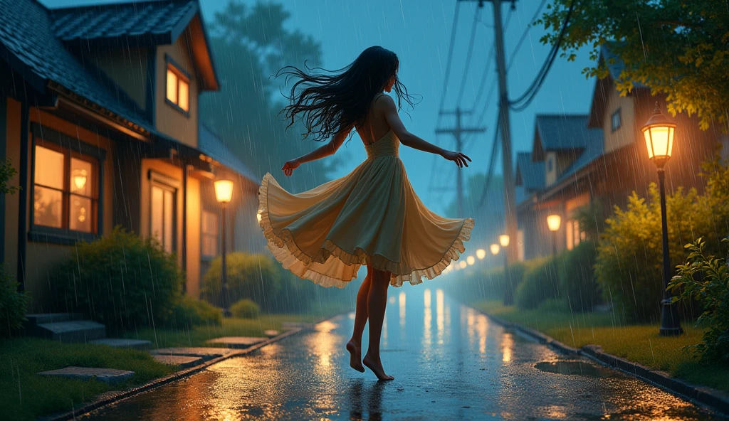 Girl dancing in the rain at night with lights and houses surrounding it.