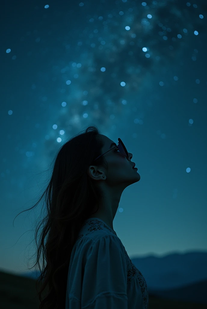 [Core philosophy]
A young woman looks up at the vast, Starry night sky, Her eyes are hidden behind a pair of stylish sunglasses.

[Role description]
The girl is depicted as a young, The graceful figure, Her face softened by the darkness, Night lights. As she admired the magnificence of the universe above her head，Her expression was full of surprise and contemplation..

[environment/background]
The scene is peaceful, Night view, Girl sitting in an open place, 宁静的户外environment, Maybe a meadow.，Maybe a secluded mountaintop, Enjoy an unobstructed view of the vast sky.

[Style and atmosphere]
The overall atmosphere is tranquil and introspective, Dreamy, The almost surreal quality of the scene, By using silence enhancement, Melancholic tones and a timeless feel.

[work]
The composition places the girl at the center of the picture, Her upward gaze draws the viewer&#39;s attention to the enchanting night sky., Create a sense of scale and wonder.

[Details and decoration]
Subtle details, Like the breeze blowing a girl&#39;s hair，Or the glimmer of distant stars, Add depth and realism to scenes, Let the audience further immerse in tranquility, A moment of contemplation.

[Technical specifications]
Image presentation is rich in details、High precision, Utilize a combination of photorealistic and stylized elements，Create visually appealing、Emotionally evocative scene performance.