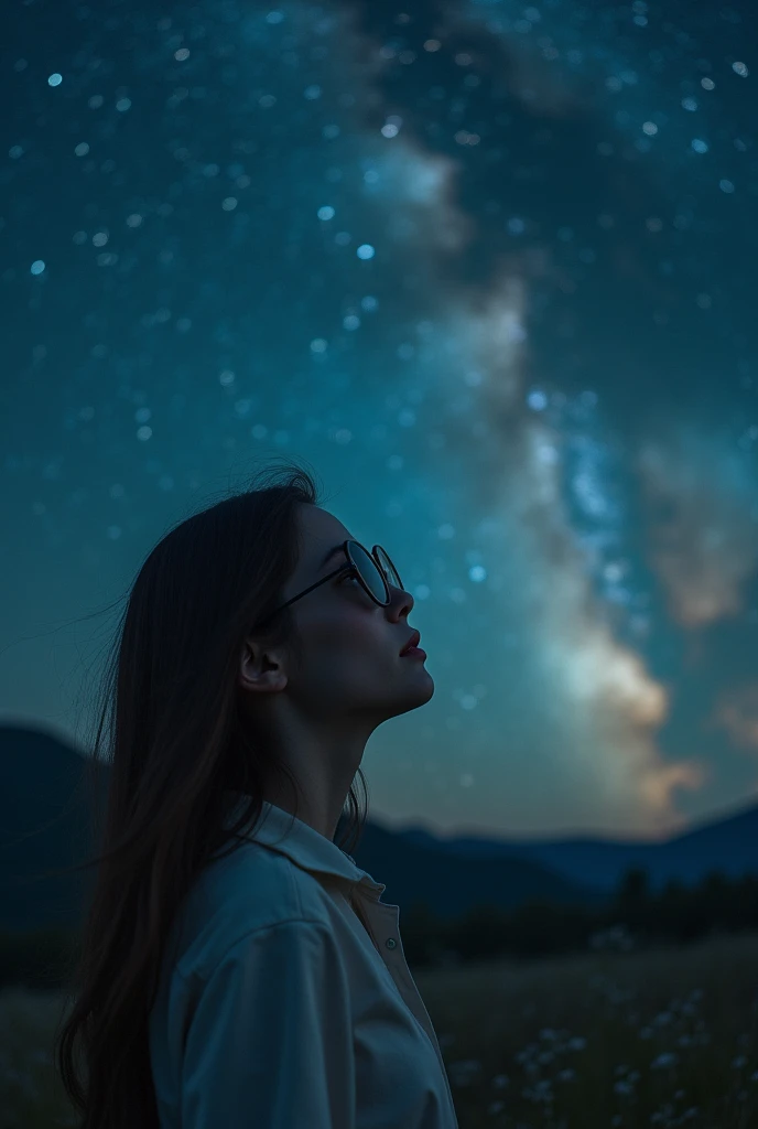 [Core philosophy]
A young woman looks up at the vast, Starry night sky, Her eyes are hidden behind a pair of stylish sunglasses.

[Role description]
The girl is depicted as a young, The graceful figure, Her face softened by the darkness, Night lights. As she admired the magnificence of the universe above her head，Her expression was full of surprise and contemplation..

[environment/background]
The scene is peaceful, Night view, Girl sitting in an open place, 宁静的户外environment, Maybe a meadow.，Maybe a secluded mountaintop, Enjoy an unobstructed view of the vast sky.

[Style and atmosphere]
The overall atmosphere is tranquil and introspective, Dreamy, The almost surreal quality of the scene, By using silence enhancement, Melancholic tones and a timeless feel.

[work]
The composition places the girl at the center of the picture, Her upward gaze draws the viewer&#39;s attention to the enchanting night sky., Create a sense of scale and wonder.

[Details and decoration]
Subtle details, Like the breeze blowing a girl&#39;s hair，Or the glimmer of distant stars, Add depth and realism to scenes, Let the audience further immerse in tranquility, A moment of contemplation.

[Technical specifications]
Image presentation is rich in details、High precision, Utilize a combination of photorealistic and stylized elements，Create visually appealing、Emotionally evocative scene performance.
