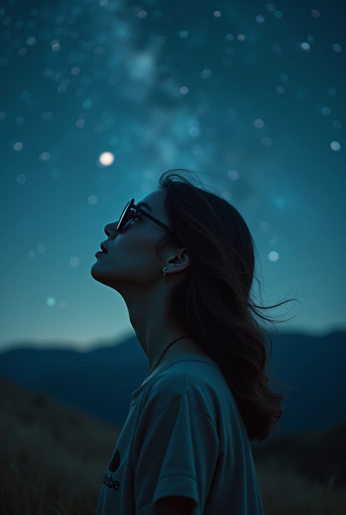 [Core philosophy]
A young woman looks up at the vast, Starry night sky, Her eyes are hidden behind a pair of stylish sunglasses.

[Role description]
The girl is depicted as a young, The graceful figure, Her face softened by the darkness, Night lights. As she admired the magnificence of the universe above her head，Her expression was full of surprise and contemplation..

[environment/background]
The scene is peaceful, Night view, Girl sitting in an open place, 宁静的户外environment, Maybe a meadow.，Maybe a secluded mountaintop, Enjoy an unobstructed view of the vast sky.

[Style and atmosphere]
The overall atmosphere is tranquil and introspective, Dreamy, The almost surreal quality of the scene, By using silence enhancement, Melancholic tones and a timeless feel.

[work]
The composition places the girl at the center of the picture, Her upward gaze draws the viewer&#39;s attention to the enchanting night sky., Create a sense of scale and wonder.

[Details and decoration]
Subtle details, Like the breeze blowing a girl&#39;s hair，Or the glimmer of distant stars, Add depth and realism to scenes, Let the audience further immerse in tranquility, A moment of contemplation.

[Technical specifications]
Image presentation is rich in details、High precision, Utilize a combination of photorealistic and stylized elements，Create visually appealing、Emotionally evocative scene performance.