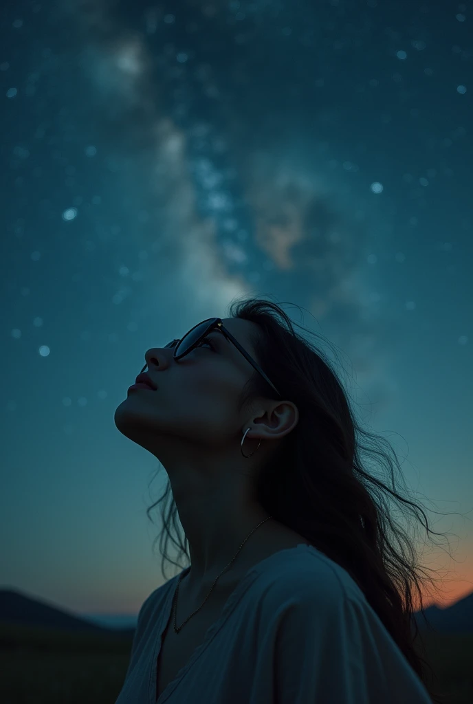 [Core philosophy]
A young woman looks up at the vast, Starry night sky, Her eyes are hidden behind a pair of stylish sunglasses.

[Role description]
The girl is depicted as a young, The graceful figure, Her face softened by the darkness, Night lights. As she admired the magnificence of the universe above her head，Her expression was full of surprise and contemplation..

[environment/background]
The scene is peaceful, Night view, Girl sitting in an open place, 宁静的户外environment, Maybe a meadow.，Maybe a secluded mountaintop, Enjoy an unobstructed view of the vast sky.

[Style and atmosphere]
The overall atmosphere is tranquil and introspective, Dreamy, The almost surreal quality of the scene, By using silence enhancement, Melancholic tones and a timeless feel.

[work]
The composition places the girl at the center of the picture, Her upward gaze draws the viewer&#39;s attention to the enchanting night sky., Create a sense of scale and wonder.

[Details and decoration]
Subtle details, Like the breeze blowing a girl&#39;s hair，Or the glimmer of distant stars, Add depth and realism to scenes, Let the audience further immerse in tranquility, A moment of contemplation.

[Technical specifications]
Image presentation is rich in details、High precision, Utilize a combination of photorealistic and stylized elements，Create visually appealing、Emotionally evocative scene performance.