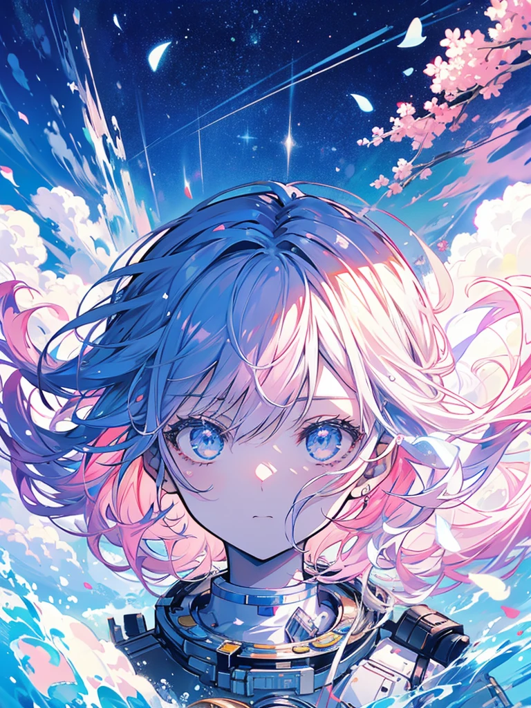 the astronaut walks in the sea of flowers dotted with pink clouds,The astronaut who is alone,The astronaut cannot leave this planet,The astronaut is lost in space without limits.