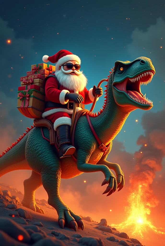 Wearing sunglasses, Santa Claus rides a fire-breathing dinosaur, the background is dominated by stars, volcanic eruptions, and other Christmas chandeliers and gift boxes