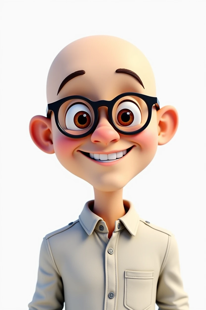 CREATE A HAPPY BALD WHITE YOUNG 3D CARTOON CHARACTER. 3d cartoon character avatar happy young white bald man with glasses isolated on white