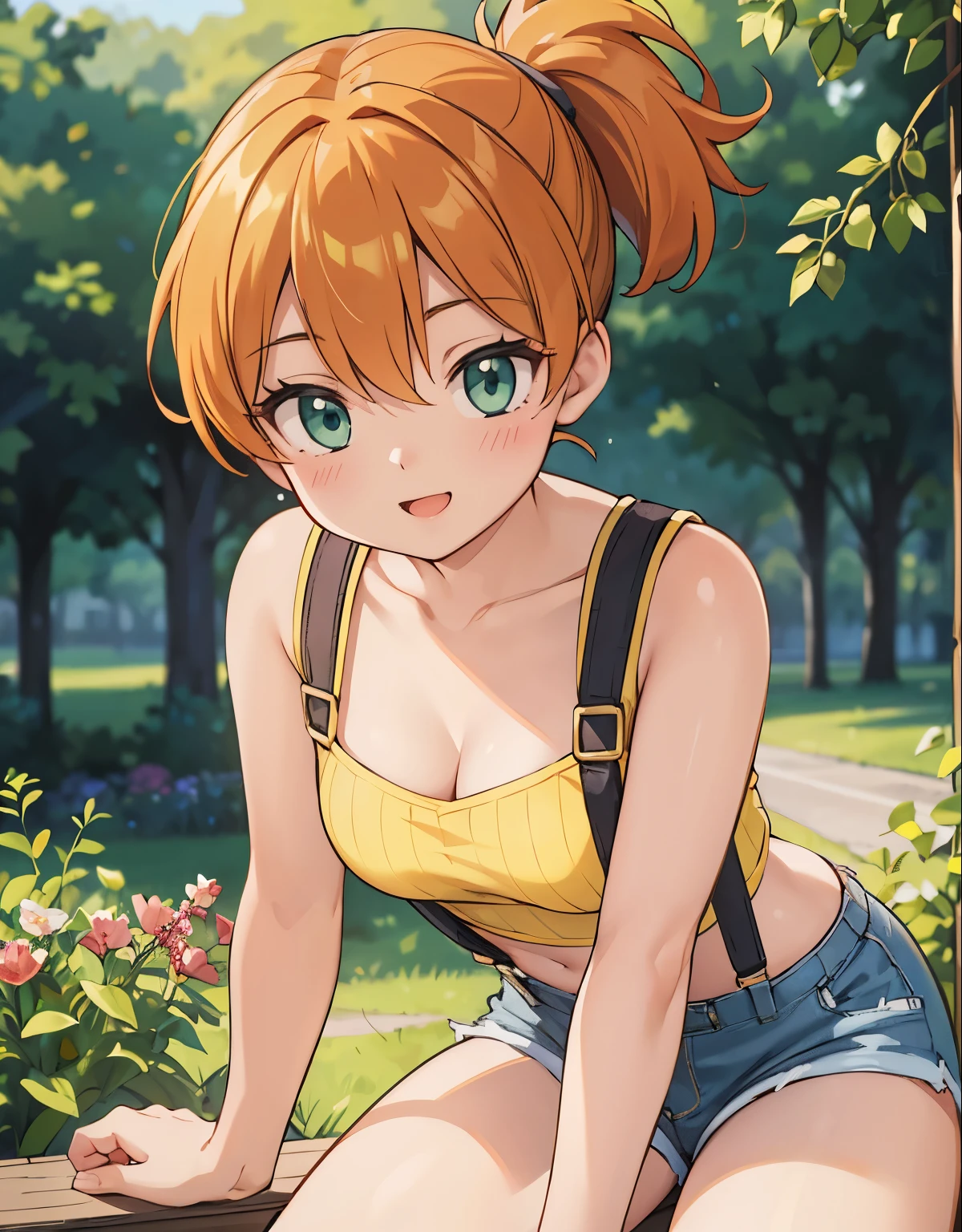 (best quality,4k,8k,highres,masterpiece:1.2), ultra-detailed, realistic:1.37, HDR, studio lighting, vivid colors, bokeh, baking, unattached beautiful girl,a girl riding a bicycle on a green path filled with flowers, beautiful detailed eyes, beautiful detailed lips, extremely detailed eyes and face, long eyelashes, girl riding a bicycle, outdoors, nature,beautiful detailed eyes,beautiful detailed lips,extremely detailed eyes and face,long eyelashes, with a lovestruck gaze, (photorealistic:1.37), with (best quality,4k,8k,highres,masterpiece:1.2), misty, 1girl, breasts, looking_at_viewer, short_hair, closed_mouth, bangs, navel, hair_between_eyes, bare_shoulders, sitting, green_eyes, full_body, lying, sleeveless, midriff, orange_hair, side_ponytail, crop_top, looking_to_the_side, eyelashes, bare_legs, sleeveless_shirt, leaning_forward, arm_support, suspenders, tank_top, denim_shorts, yellow_shirt, hair_tie, green_shorts, suspender_shorts, yellow_tank_top, down blouse, body shape, chubby thighs, thick thighs, open mouth, smile, ultra-detailed description, capturing every exquisite detail of her appearance. Her eyes are mesmerizing, with long curled lashes, glistening in the light. Her lips are perfectly shaped, with a subtle hint of a smile. She is dressed elegantly in a flowing dress, radiating grace and charm. The scene is bathed in warm and romantic lighting, creating a captivating ambiance. The artwork possesses a fusion of realism and artistic flair, resulting in a masterpiece that showcases the emotions of love and admiration.