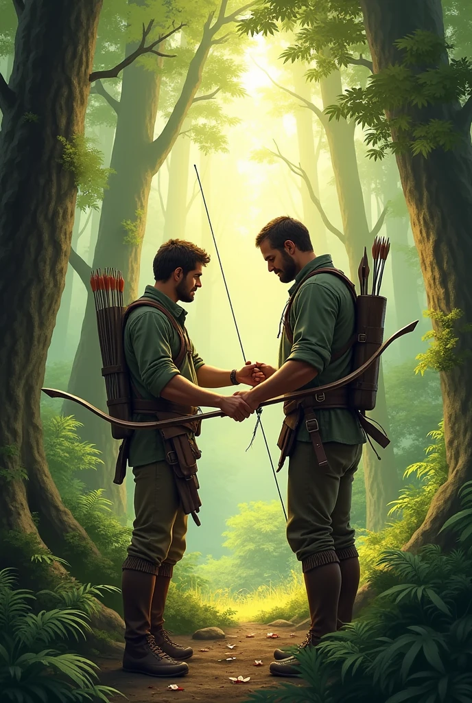 Two guys in a forest, one of them is teaching the other how to use a bow 