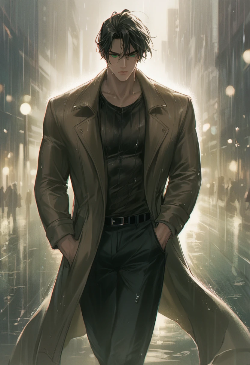 Handsome guy walking in the rain wearing dark clothes, long coat and gloved hands, dark hair. green eyes, dramatic, cinematic, moody light, city at night, muscular, large