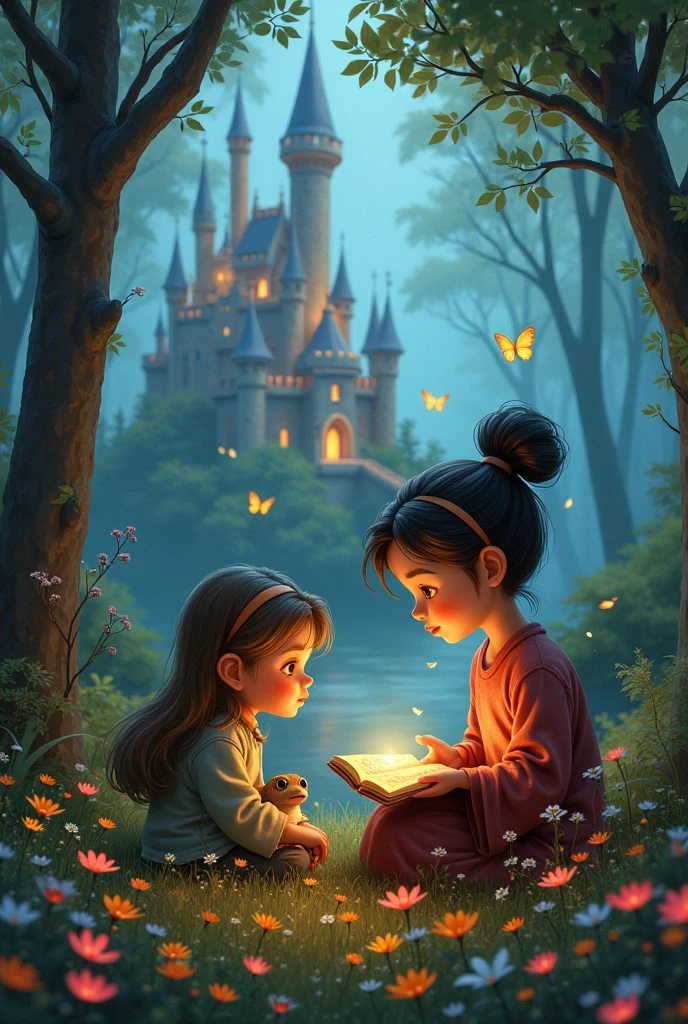boy and girl reading story magic world castle butterfly toad wolf flowers