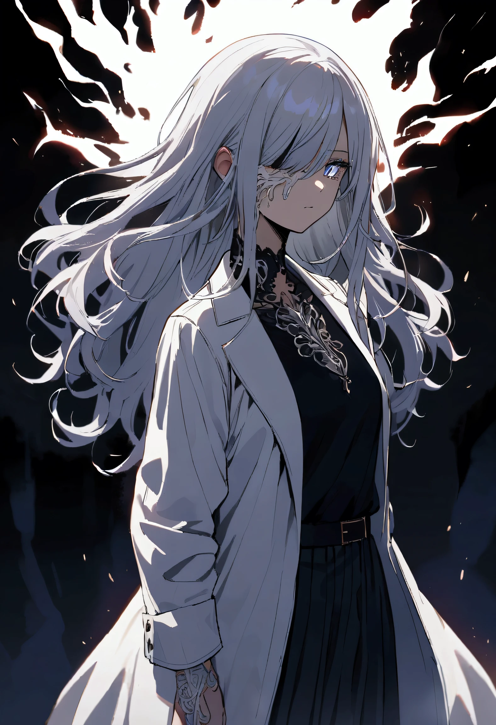 Teenage girl, tidy hair, long hair, multicolored gray and white hair, eye white, face neutral, white tattoos on the body, ripped dark blue shirt, white overcoat, aura of metals around