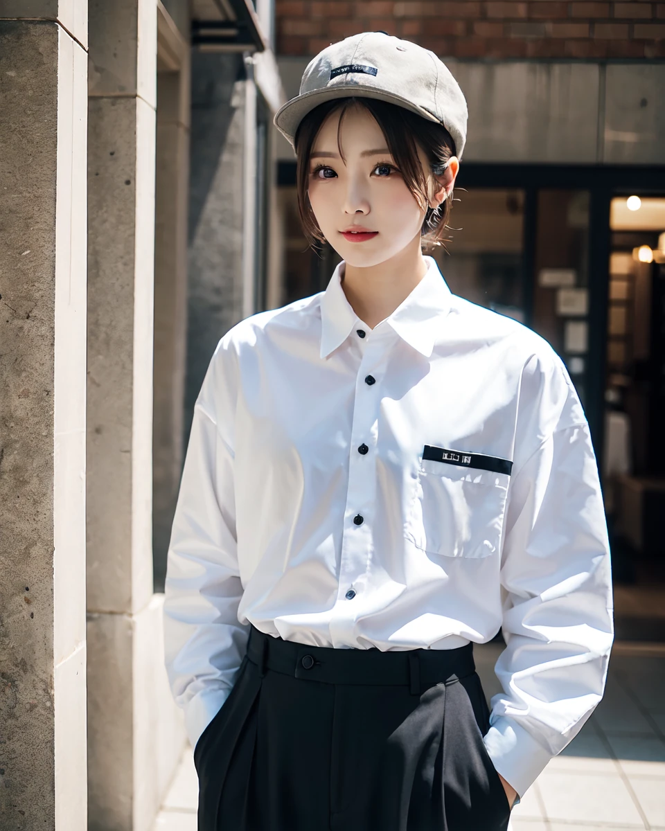 Oversized white collared shirt、he&#39;Wearing only a shirt、Full Body Shot、(Huge boobs:0.8)、Complex and beautiful eyes、woman、womanらしい髪型、Natural color lip、Big Breasts、valley、Bold and sexy pose、smile、Ocean、((20歳woman:1.2))、Young and adorable Japanese face, Official Art，非常に精細なCG Unity 8k壁紙，（masterpiece:1.0),(Highest quality:1.0), 超High resolution,4K,Very detailed, photo shoot, 8k, Hmph, High resolution, Kodak Portrait 400, Film Grain, Lens Flare Glow,高いest quality,8k,Hmph:1.2),Portrait Shot,8k、Show Viewer