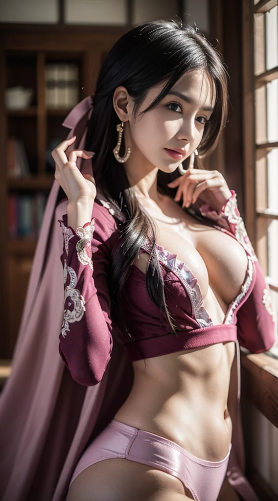 Tentacles wrap around the body、、Tentacles feel good、Tentacles caress、Intertwining tentacles、Hose-like tentacles、Tentacles wrapping around chest、Tentacle caressing、Snake-like tentacles、沢山のtentacle caress、tentacle caress、tentacle caress、Tubular tentacles))、Tentacles wrap around the body、、Intertwining tentacles、Hose-like tentacles、Snake-like tentacles、沢山のtentacle caress、tentacle caress、tentacle caress、Tubular tentacles))、(((masterpiece:1.4, Highest quality)), ((masterpiece, Highest quality,8k)), (Photo realistic:1.4), Center of chest, woman, (Boa Hancock, Cape, Epaulettes:1.2, Cleavage:1.2, jewelry, Earrings), ((Red abdomen: 1.2)), Cleavage, (Long sleeve: 1.5), Big black eyes, cute, young, ((hand hart: 1.7)), (Asian House, interior, window, (  1.5), smile), Cowboy Shot, Professional Lighting, Physically Based Rendering、Very beautiful proportions、have confidence々Lower Body、