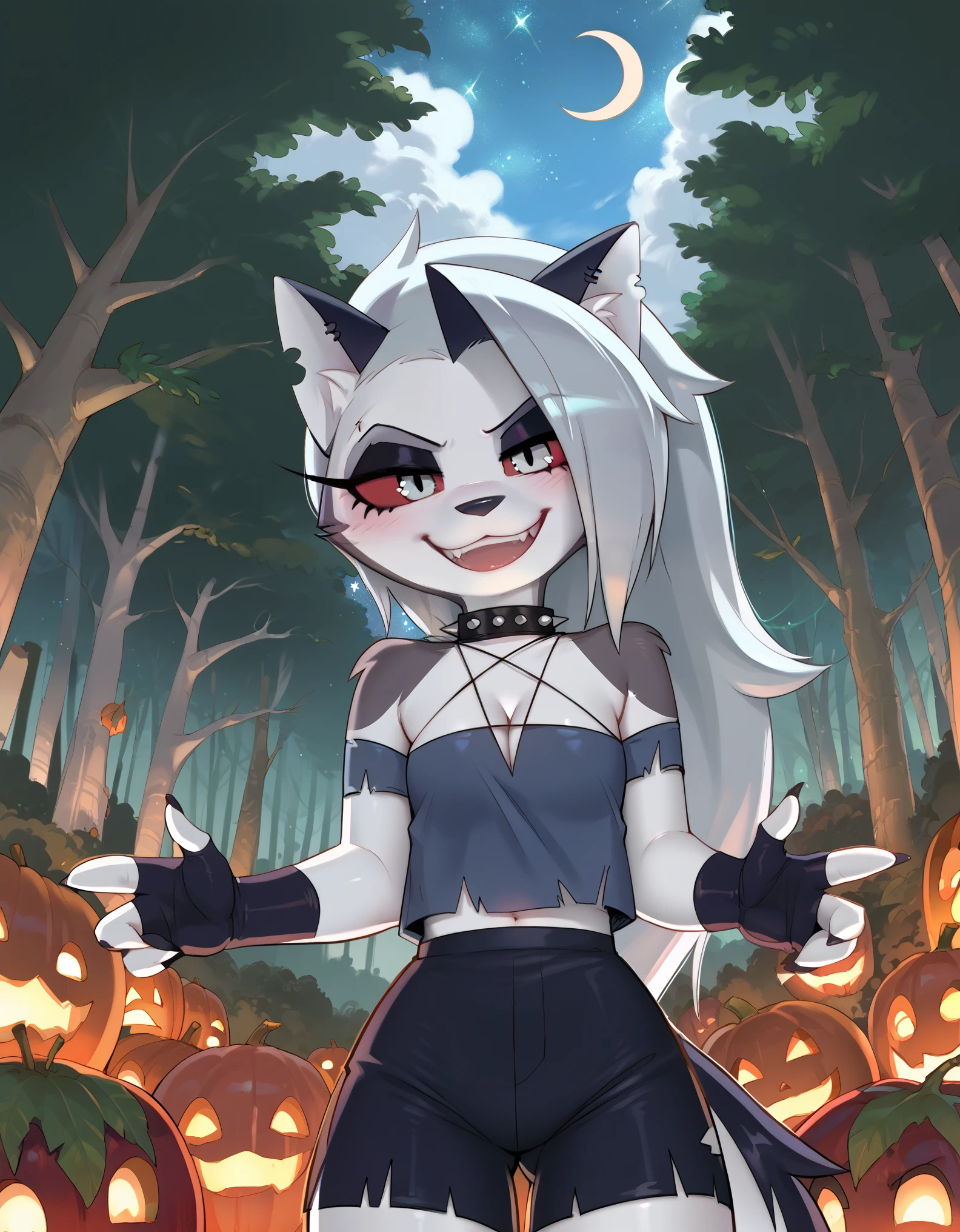 score_9_up, score_8_up, score_7_up,  rating_safe, furry, anthro, solo, loona(jizokumode), hellhound, red sclera, loona (helluva boss), tanktop, fingerless gloves, excited, blep, forest, night, stars, crescent moon, solo, forced smile, 4 fingers, inverted pentagram,