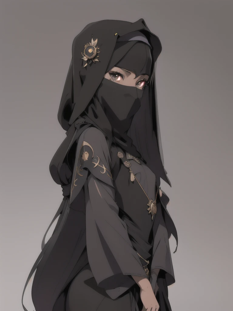 (masterpiece), (best quality),(portrait),1girl,solo,(sharp focus),(look at viewer),, (perfect face, detailed face), 1girl, solo, futabalily, hijab, mask veil,long hair, two side up, dark skin, flat chest, full body view,ancient long clothes,old school fantasy art,((simple background)),(gray background),