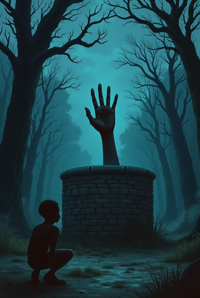 A hand coming out of a well but there's a black boy on the ground scared