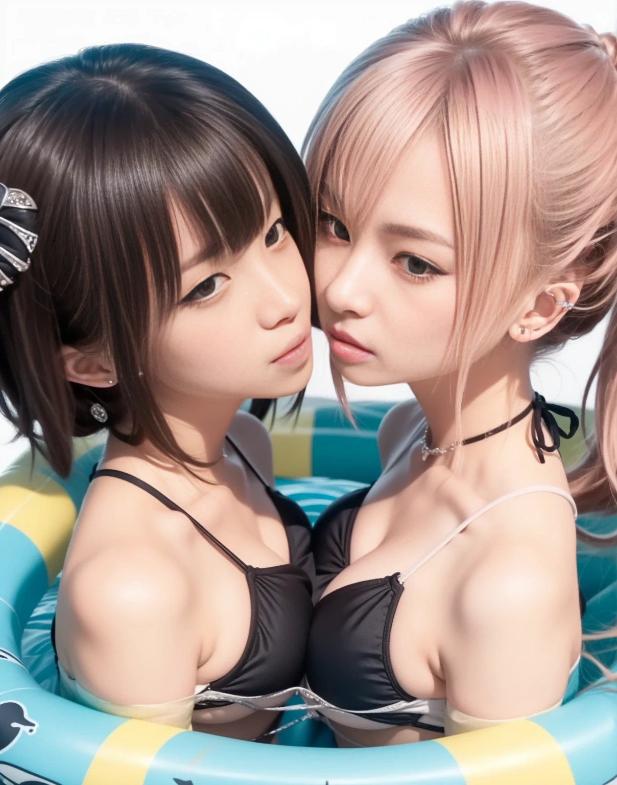 8k,masterpiece,Japanese,best quality, two girls, (kissing:1.9), bikini, (ring:1.6), reluctantly, (blush:1.3), (breasts:1.3), sea