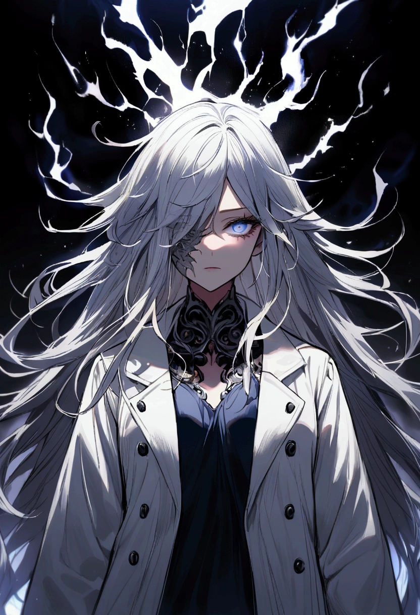 age girl, tidy hair, long hair, multicolored gray and white hair, eye white, face neutral, white tattoos on the body, ripped dark blue shirt, white overcoat, aura of metals around