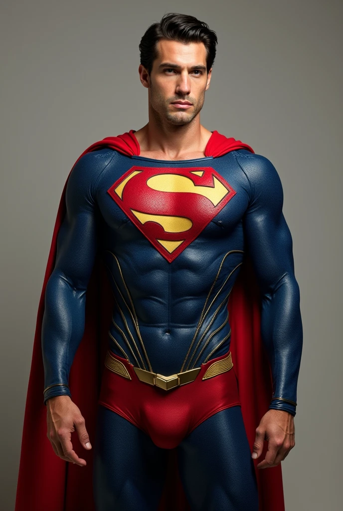 I want a picture of Henry Cabil dressed as Superman but with the suit torn and his penis visible.