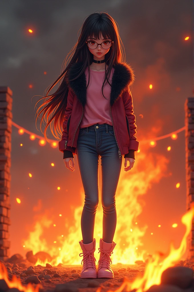 brunette girl, long black fur, fire, jeans, pink blouse, pink shoes, with glasses