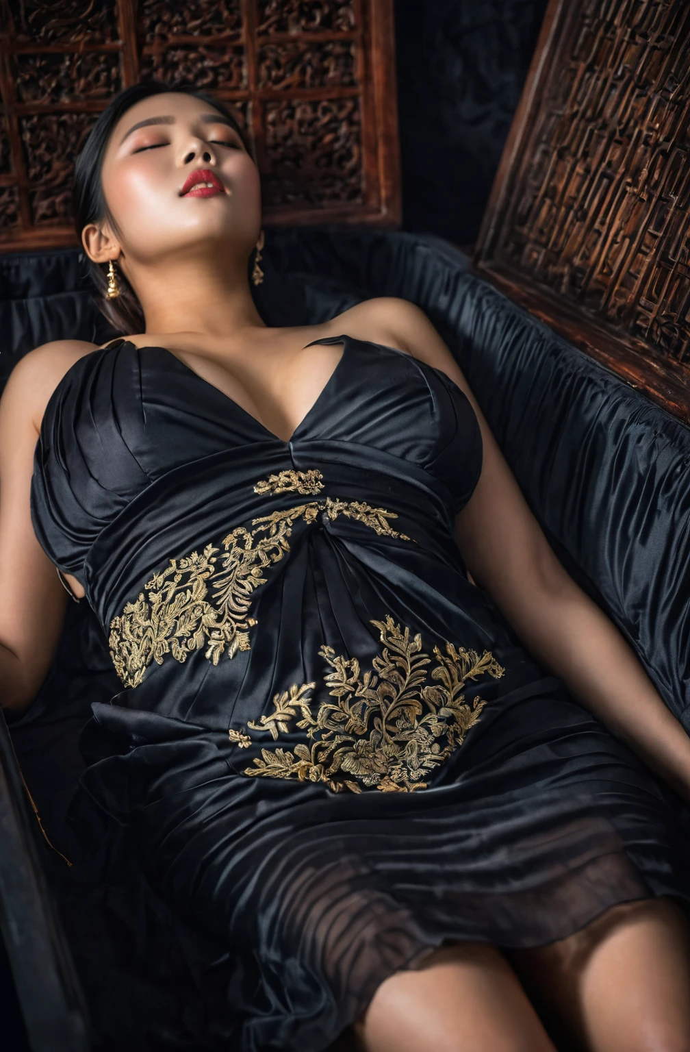 In a striking 8K HDR scene, a stunning Korean woman, 22 years old, lies peacefully in a black coffin surrounded by plush pillows. The deep box is set against a rich black background, accentuating the beauty of the subject. Her exquisite deep-V neckline kebaya attire is embroidered with superb detail, showcasing her round and firm breasts, perfect cleavage, and beautiful eyebrows. Her closed eyes and mouth give an air of serenity, while her visible and absolute cleavage leave nothing to imagination. The scene is bathed in saturated colors, highlighting every intricate aspect from the ball skirt to her clean face, straight body, detailed hand perfect hands, straight body, straight arms.
