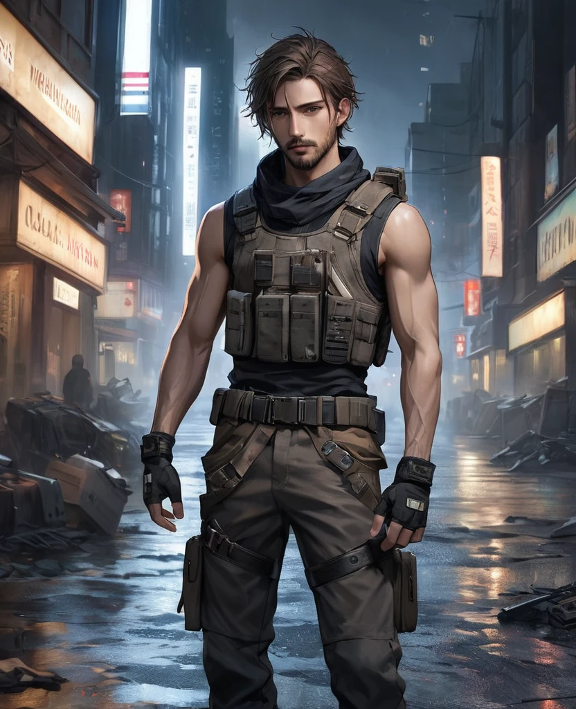 masterpiece, best quality, realistic, 1man, quiet young man, 21 years old, background: city at night, shoulder length hair, dark brown hair, skinny, full stubble facial hair, medium hair, unkempt appearence, messy hair, masculine features, toned but thin, stubble facial hair, looking worn down, caucasion, white boy, facial hair, stubble, beard stubble, not muscular, kevlar armor (like swat), Post-apocalypse, doomsday wasteland style, fingerless gloves, gloves, belt, full body, armor, standing, simple background, clean, rebellion clothes, civilian, military kit
