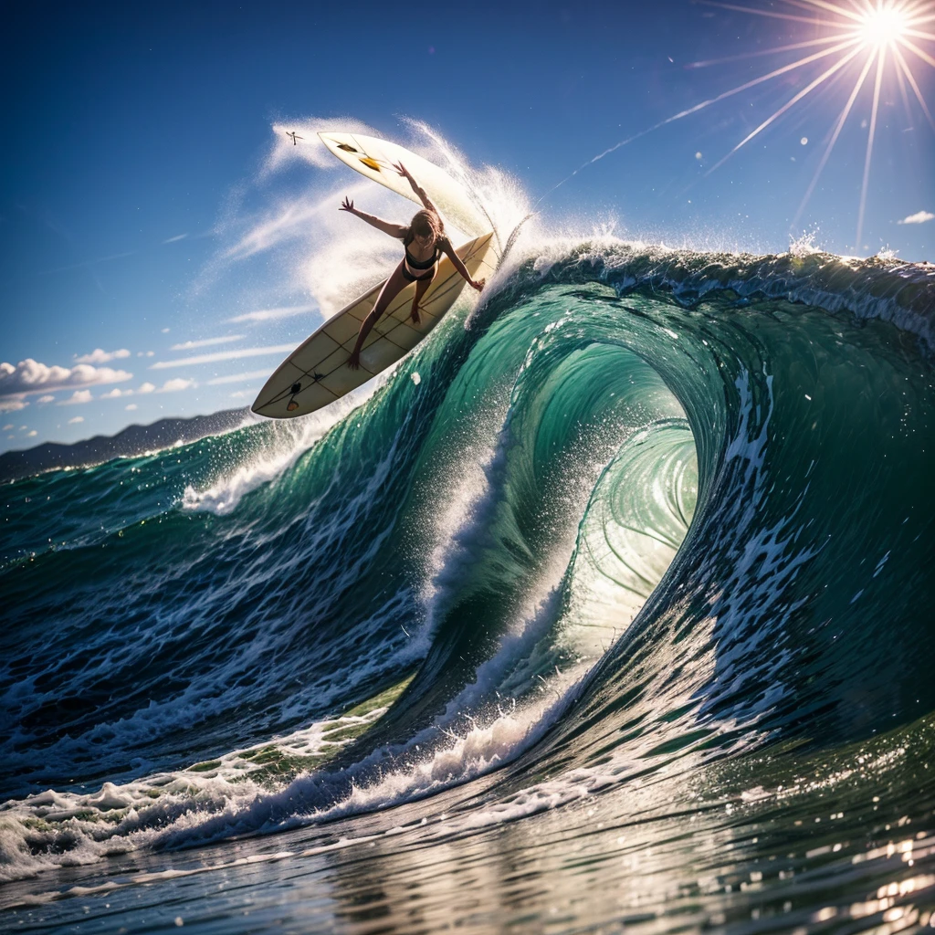 (Luminism:1.28), Back view、(TopQuality 8K Masterpiece:1.2) (ProfessionalPHOTO:1.37) Extremely Detailed (A girl standing on a surfboard riding a wave:1.4), (Colorful morning glory)、(Crouching and balancing on a large surfboard.:1.28)、Surfing on waves、(There is Only one surfboard under her feet:1.3) Splashing water Particles、Sparkling waves 、Wet Hair、(Super hourglass body type)、Dynamic movement blur、Correct fingers、(Surfing Photos:1.4)、Extreme Sports Photography、Acrobatic action pose